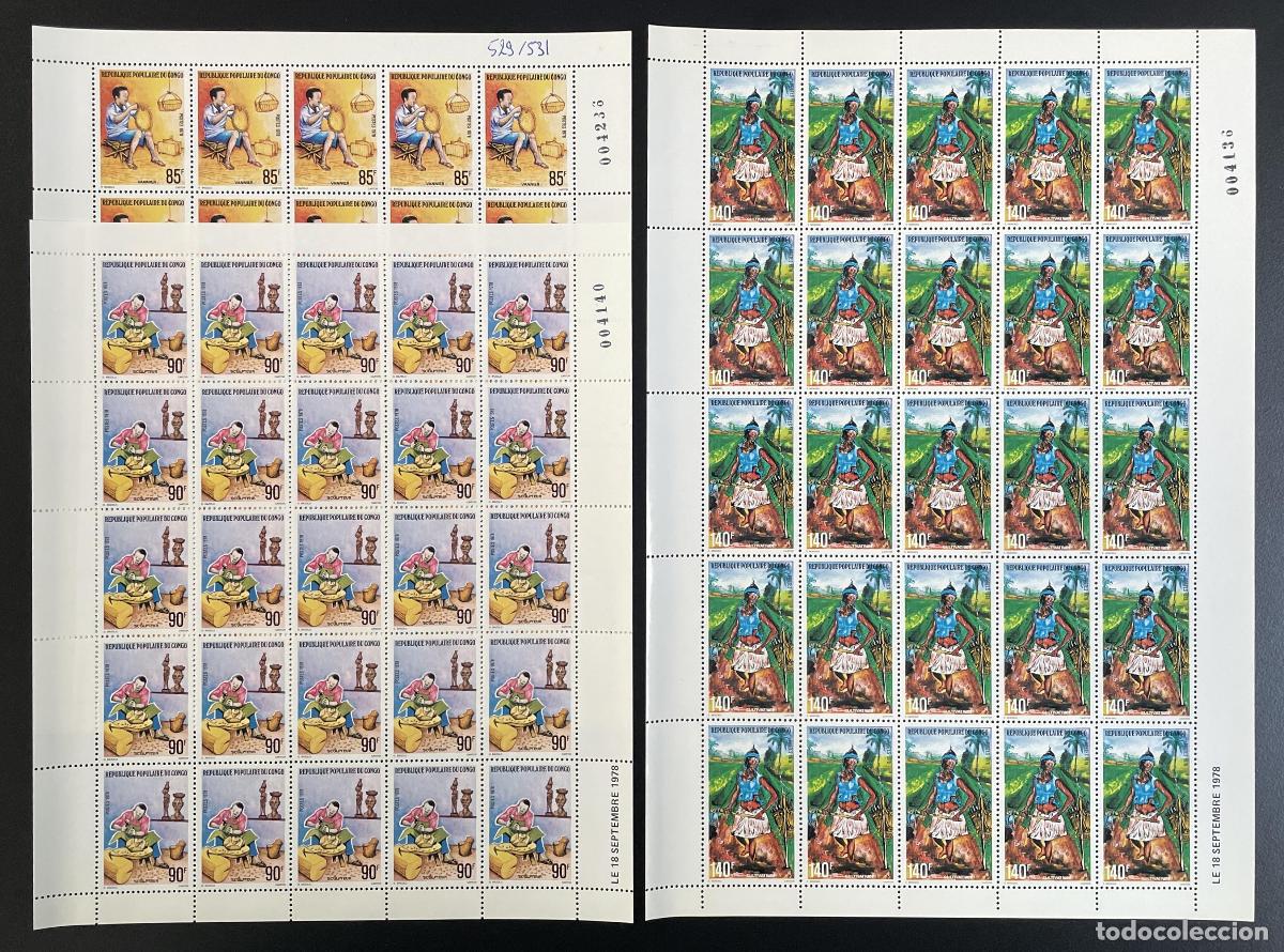 Timbres: Congo 1978 YT 529-531 tabl&oacute;n trabajo productivo cestero escultor granjero