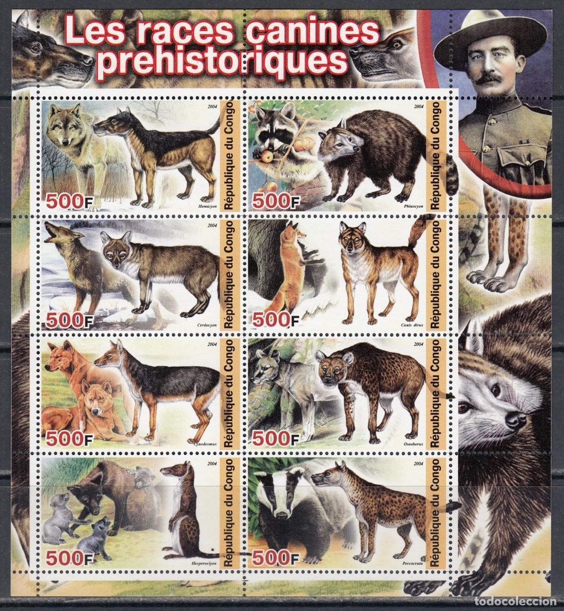 Sellos: CONGO 2004 SHEET MNH BADEN POWELL SCOUTS FAUNA PREHISTORIC ANIMALS ANIMALES PREHISTORICOS CANIDOS