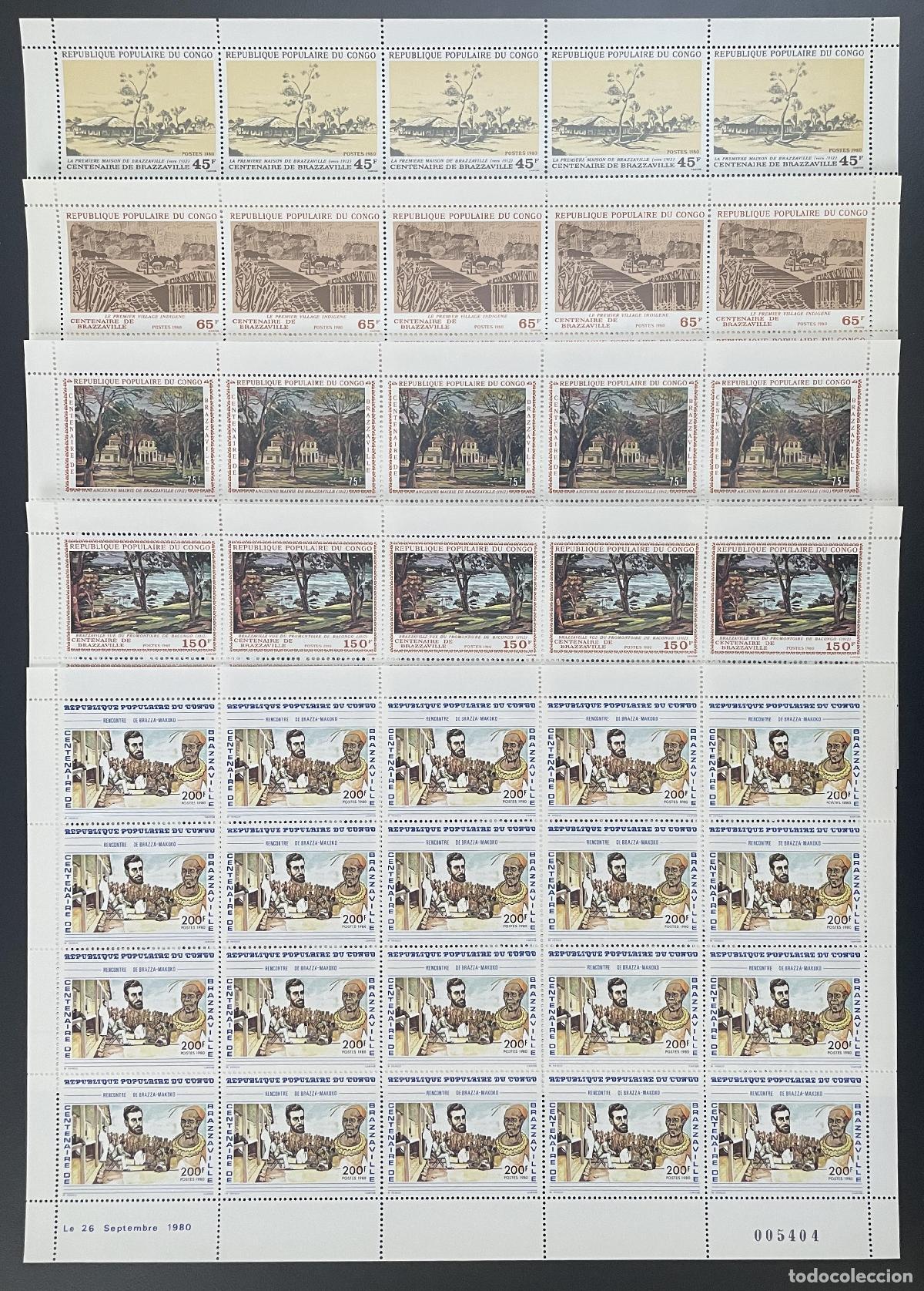Sellos: Congo 1980 YT 595-599 tabl&oacute;n Pueblo centenario Paisaje fluvial de Brazzaville