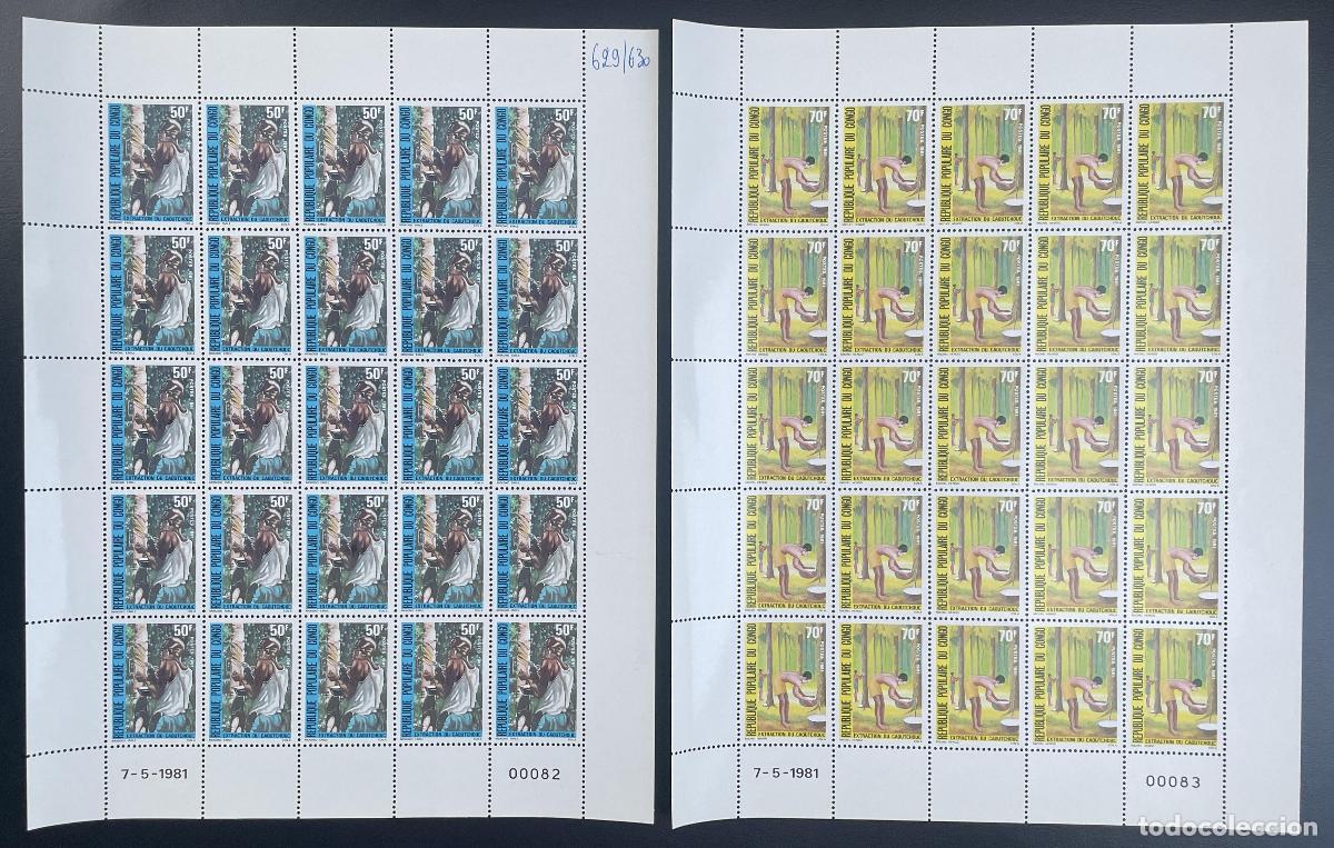 Timbres: Congo 1981 YT 629-630 hoja de tabl&oacute;n extracci&oacute;n caucho &aacute;rbol l&aacute;tex