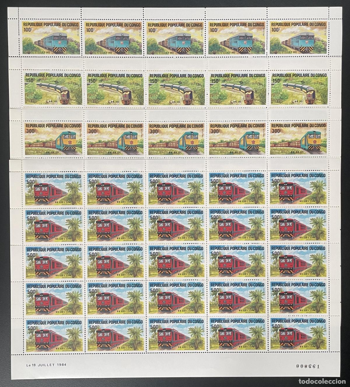 Sellos: Congo 1984 YT 726-729 tabl&oacute;n trenes locomotoras transporte ferroviario