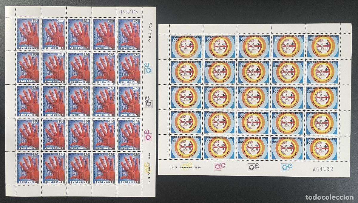 Sellos: Congo 1984 YT 743-744 tabl&oacute;n Stop Polio: vacunaci&oacute;n salud medicina enfermedad