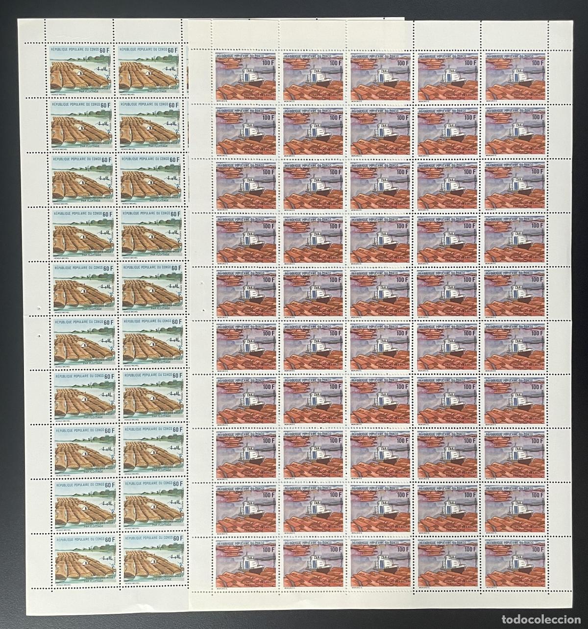 Sellos: Transporte de planchas tabl&oacute;n Congo 1985 YT 747-748 en lancha flotante barco