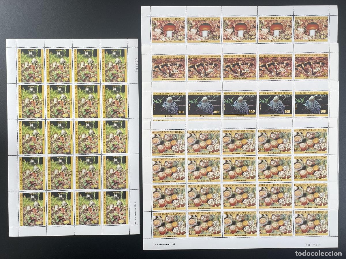 Sellos: Congo 1985 YT 764-768 tabl&oacute;n hongos fauna naturaleza flora