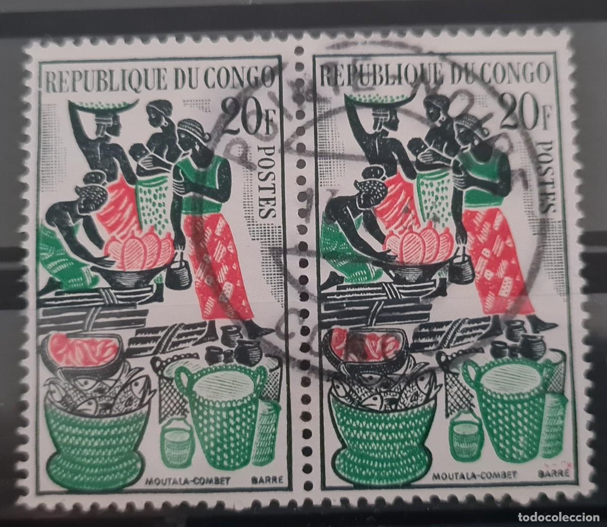 Sellos: Sello usado de la Rep&uacute;blica del Congo 1962: mercado en Brazzaville