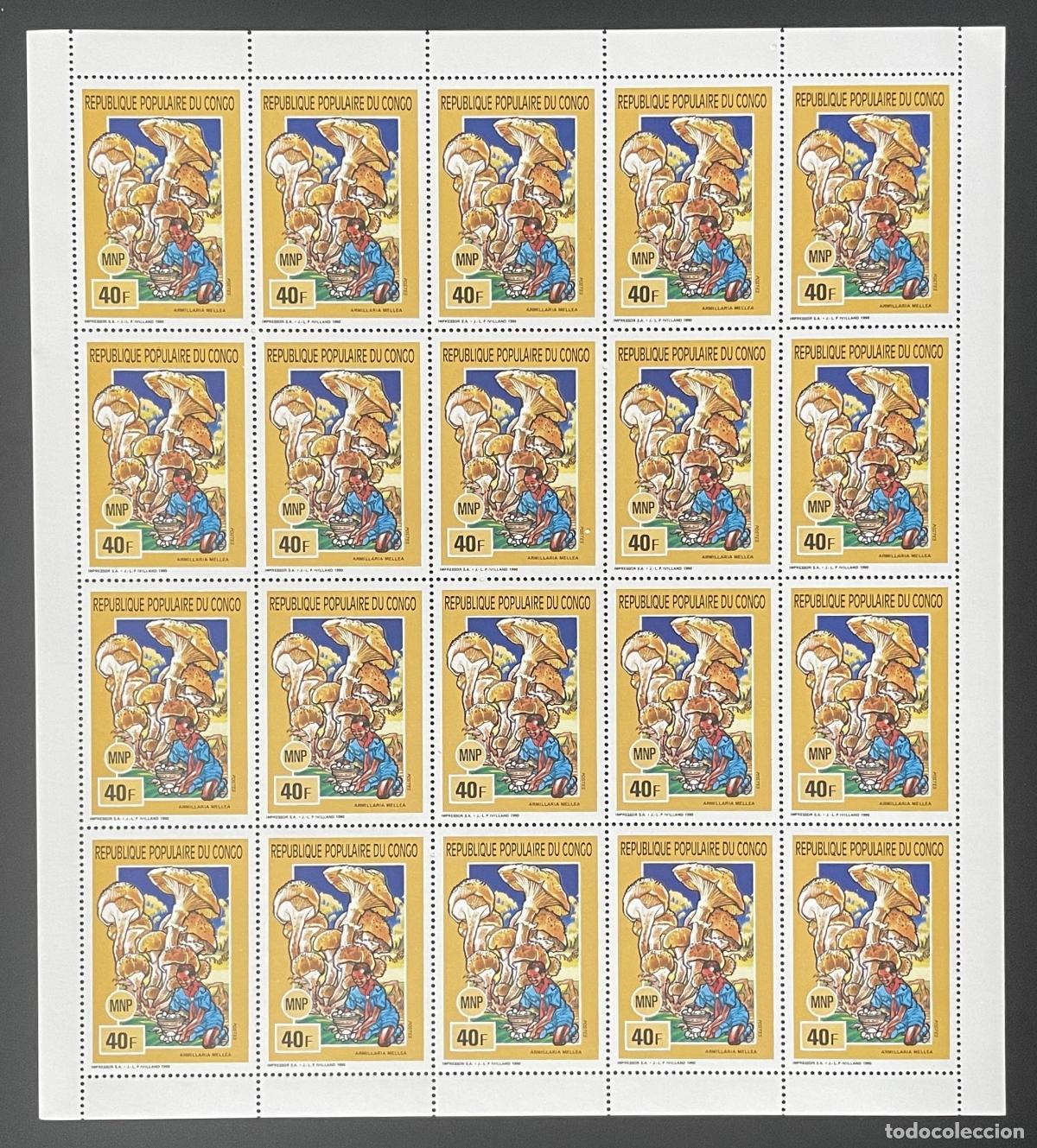 Sellos: Congo 1990 Yt 884 tabl&oacute;n hongos naturaleza flora MNP exploradores exploraci&oacute;n