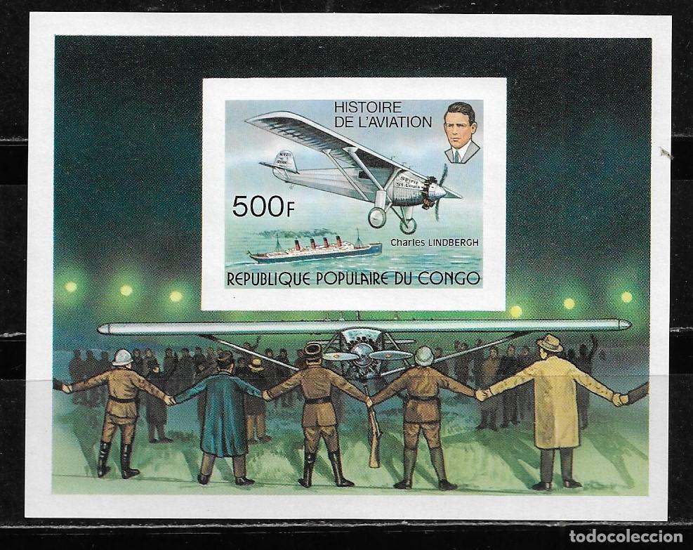 Sellos: CONGO 1977, HOJA BLOQUE Ivert 12 SIN DENTAR - HISTORIA DE LA AVIACI&Oacute;N. MNH.