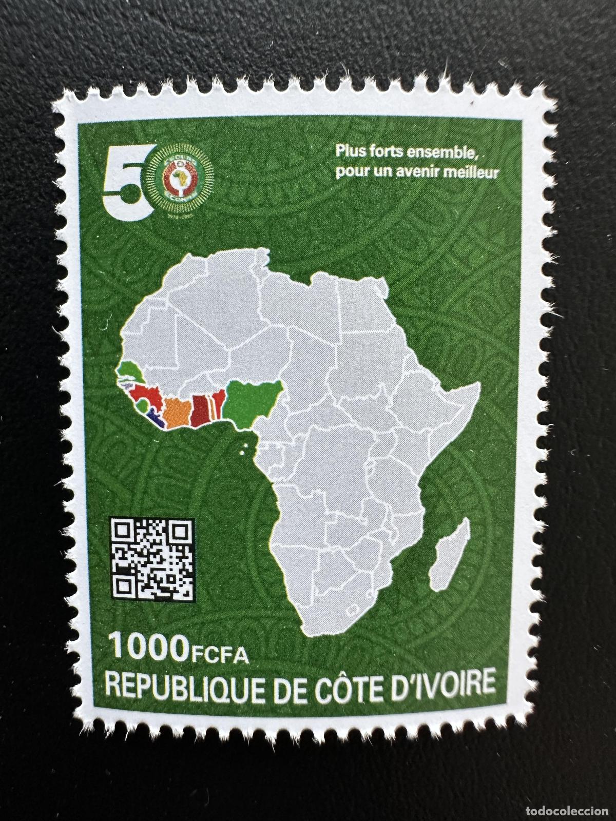 Sellos: Costa de Marfil 2026 CEDEAO 50 a&ntilde;os mapa &Aacute;frica banderas aniversario