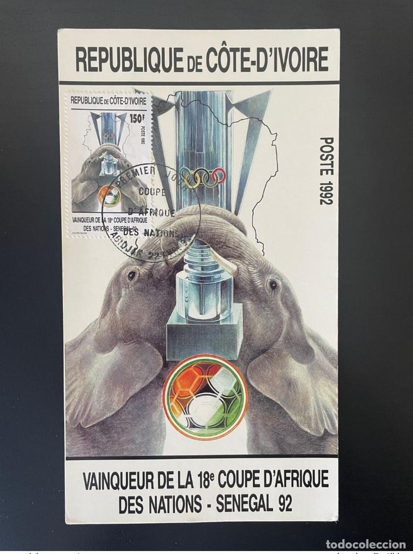 Sellos: Costa de Marfil 1992 Mi. 1064 Tarjeta m&aacute;xima Football Elephant Cup Africa Nation