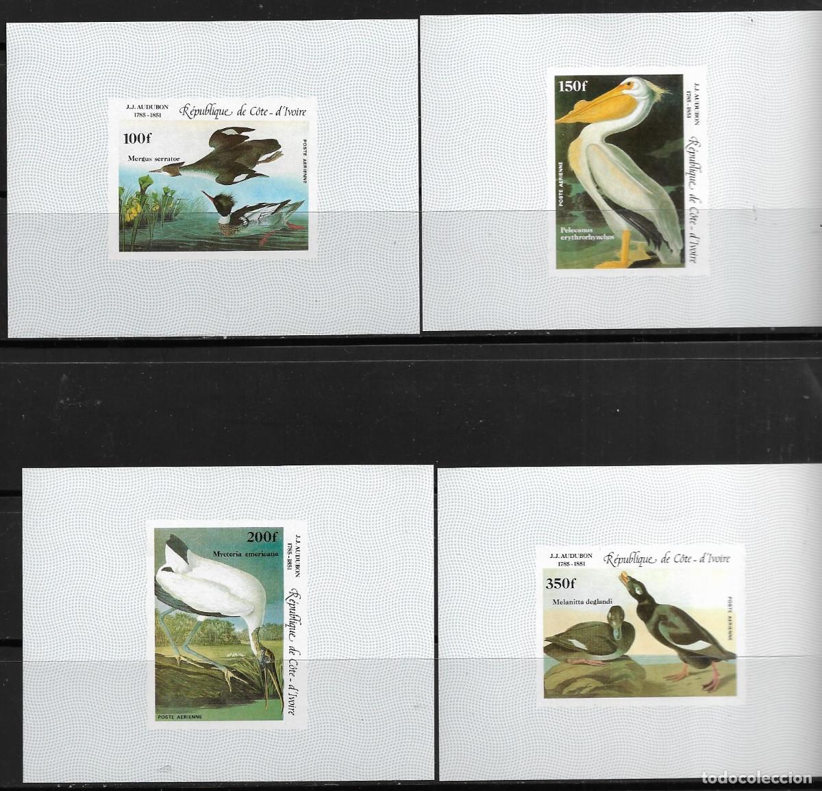 Sellos: COSTA DE MARFIL 1985, Mi.853/56 EN HB.sin dentar, Bicentenario del Nacimiento de J.J.Audubon. MNH.