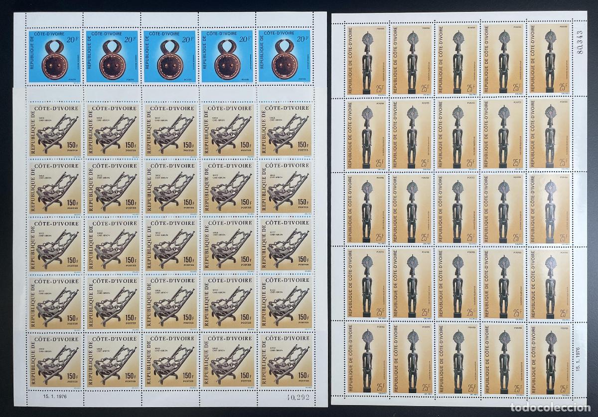 Sellos: Estatua de cabeza asiento arte africano YT 399-401 tabl&oacute;n Costa Marfil 1976