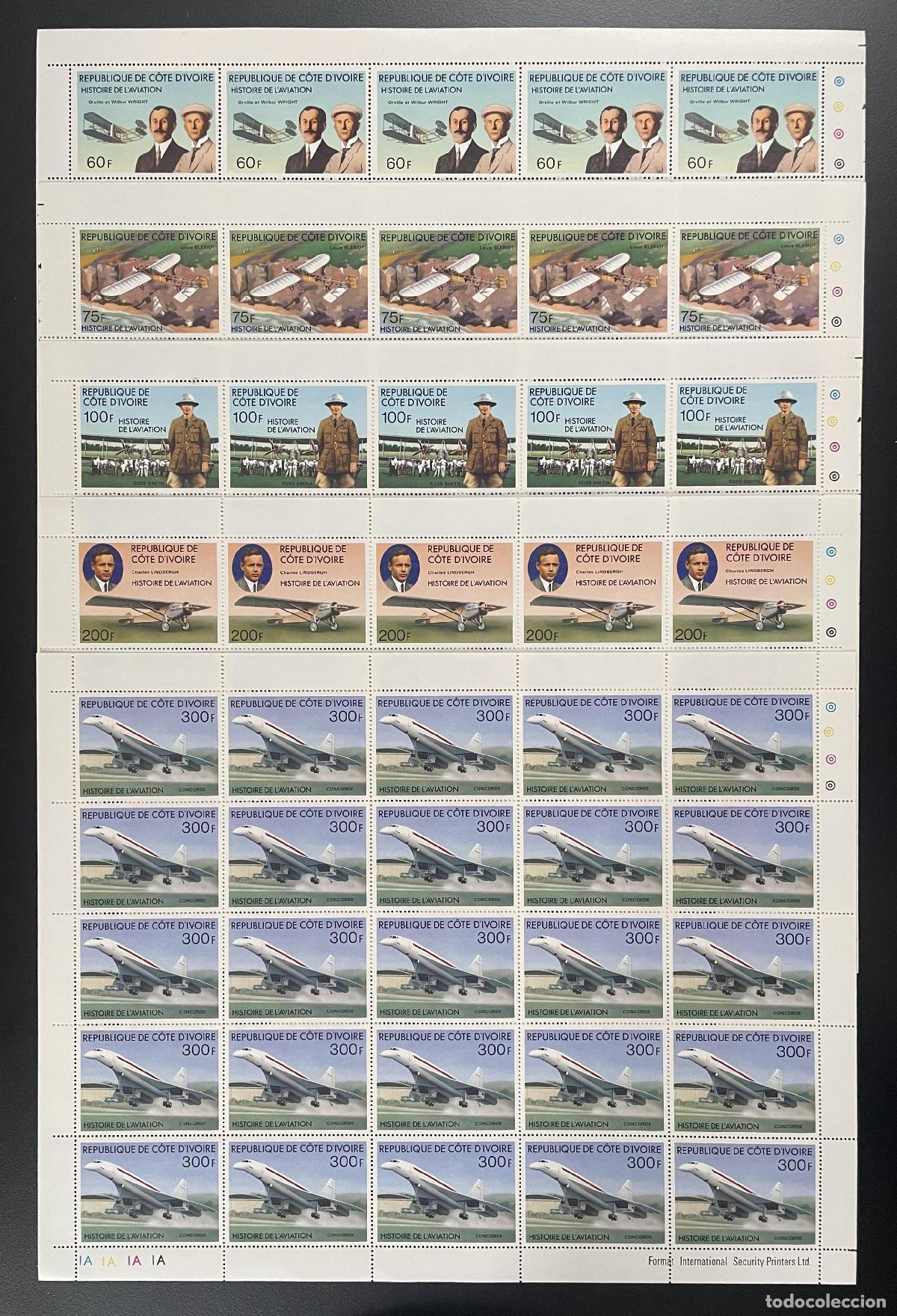 Sellos: Costa de Marfil 1977 YT 424-428 tabl&oacute;n aviation Wright Bl&eacute;riot Lindbergh Concorde