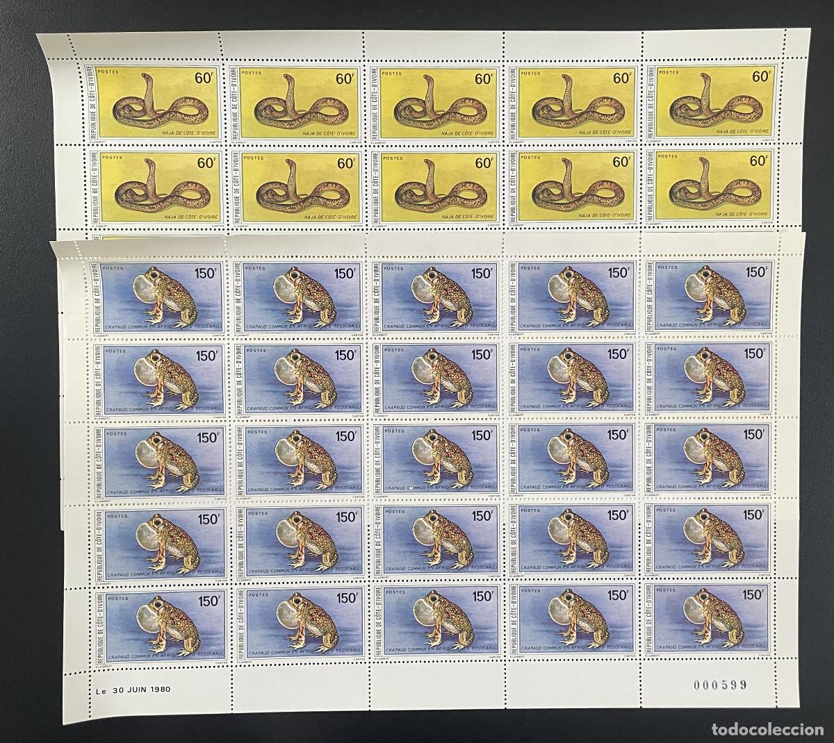 Sellos: Costa de Marfil 1980 YT 549 550 tabl&oacute;n serpiente cobra naja sapo fauna