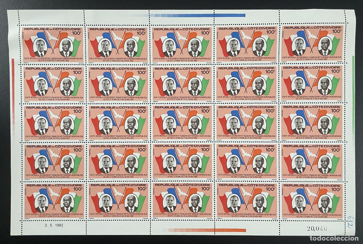 Francobolli: Banderas Mitterrand Houphou&euml;t-Boigny de Costa Marfil 1982 YT 612 tabl&oacute;n