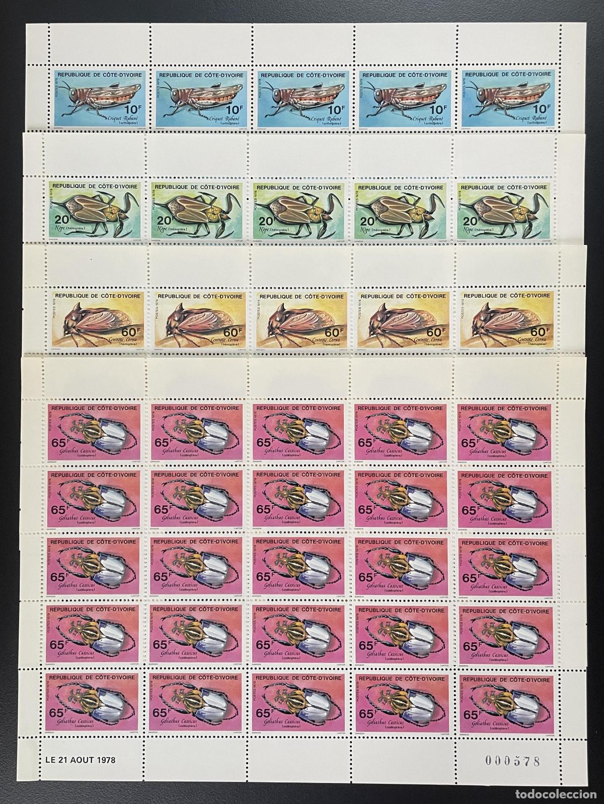 Sellos: Costa de Marfil 1978 YT 463-466 tabl&oacute;n insectos saltamontes escarabajo