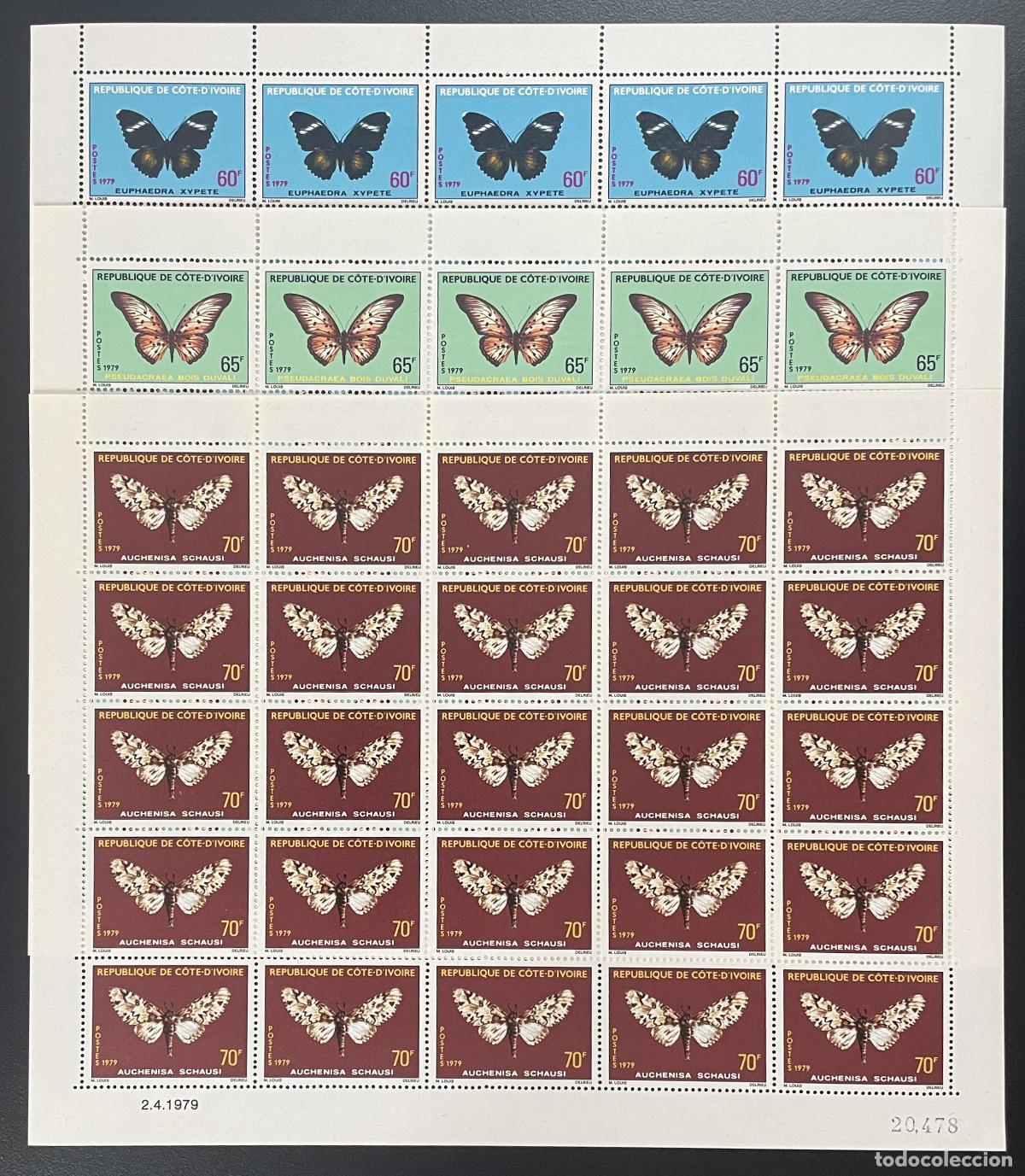 Sellos: Costa de Marfil 1979 YT 498-500 tabl&oacute;n mariposas fauna insectos &Aacute;frica