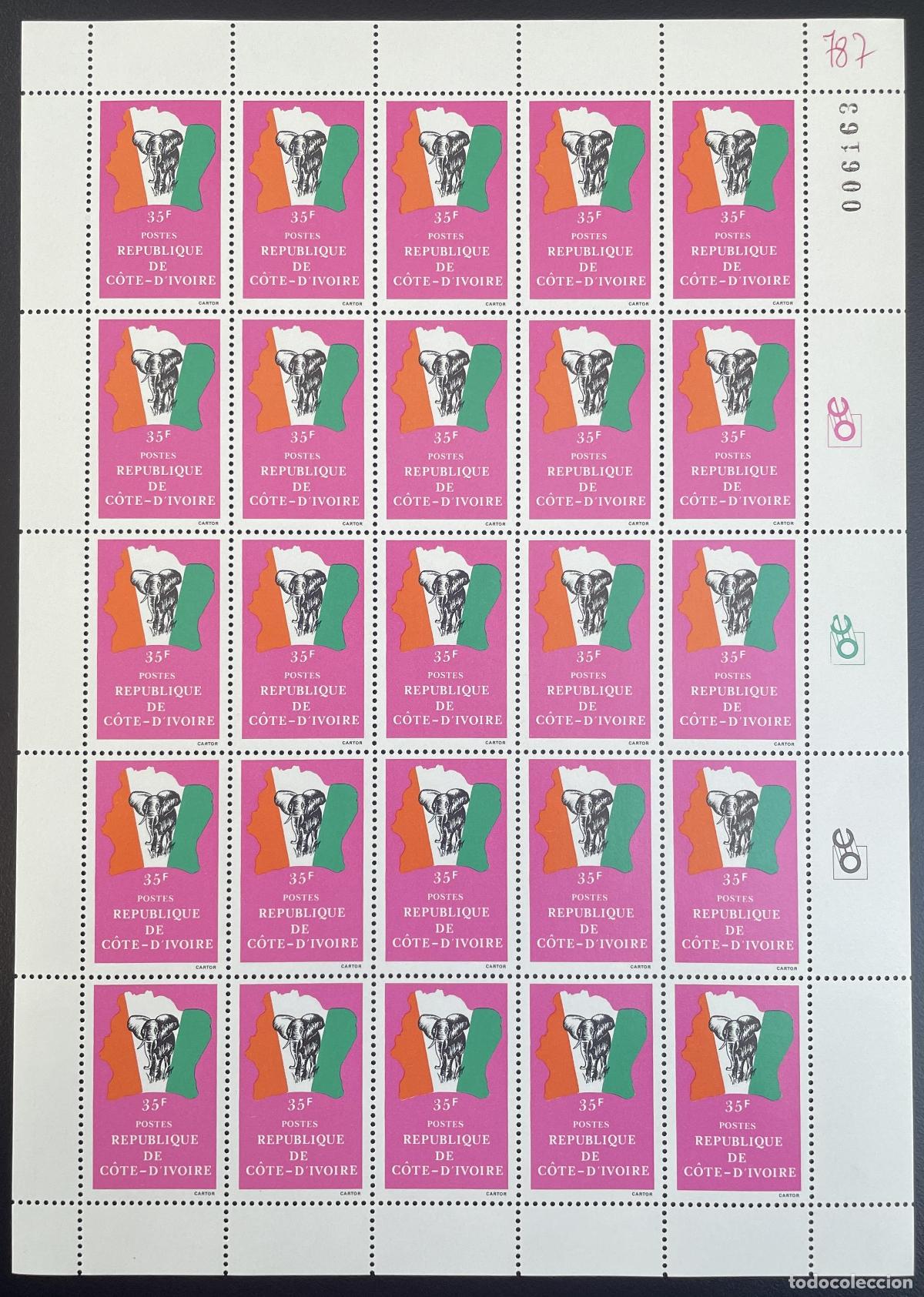 Timbres: Costa de Marfil 1987 YT 787 tabl&oacute;n con mapa elefantes bandera vida silvestre serie actual