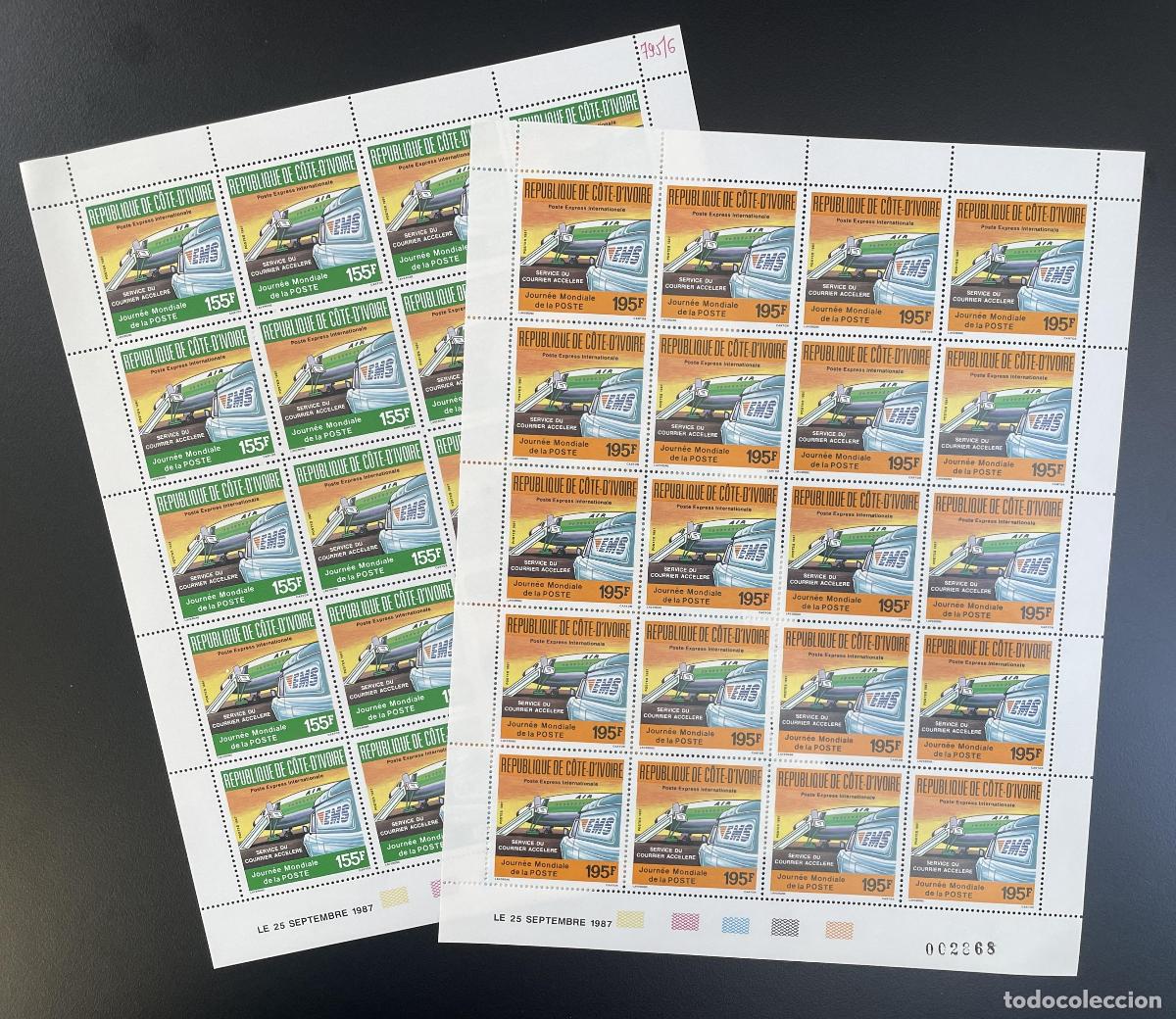 Timbres: Costa de Marfil 1987 YT 795-796 tabl&oacute;n Avi&oacute;n EMS para el D&iacute;a Mundial del Correo