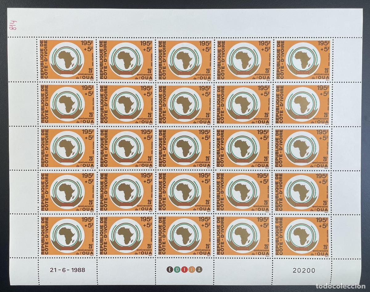 Sellos: Costa de Marfil 1988 YT 814 tabl&oacute;n 25 aniversario OUA Mapa &Aacute;frica