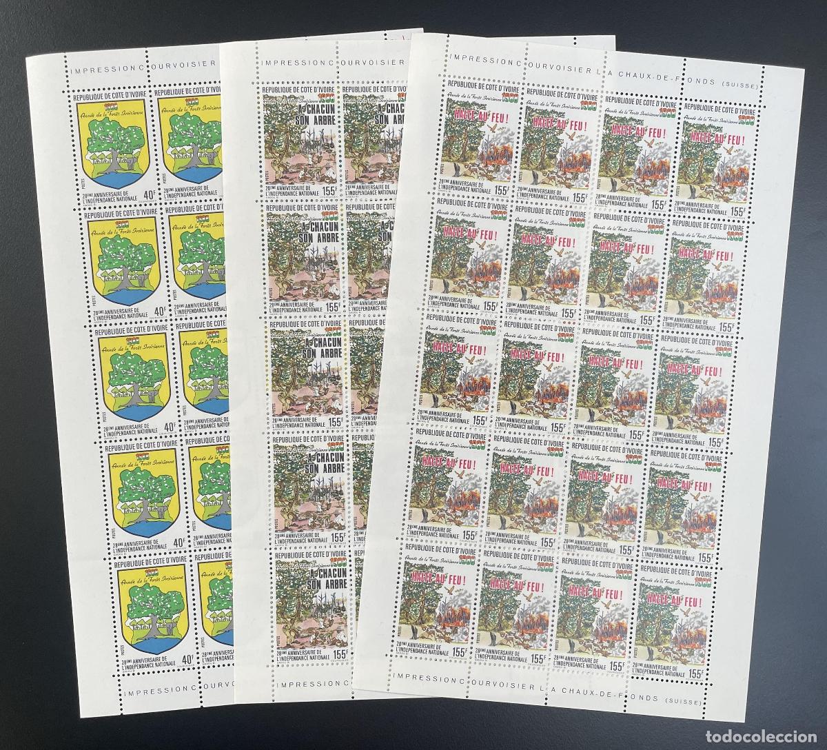 Sellos: Costa de Marfil 1988 YT 816-818 tabl&oacute;n independencia nacional bosque marfile&ntilde;o