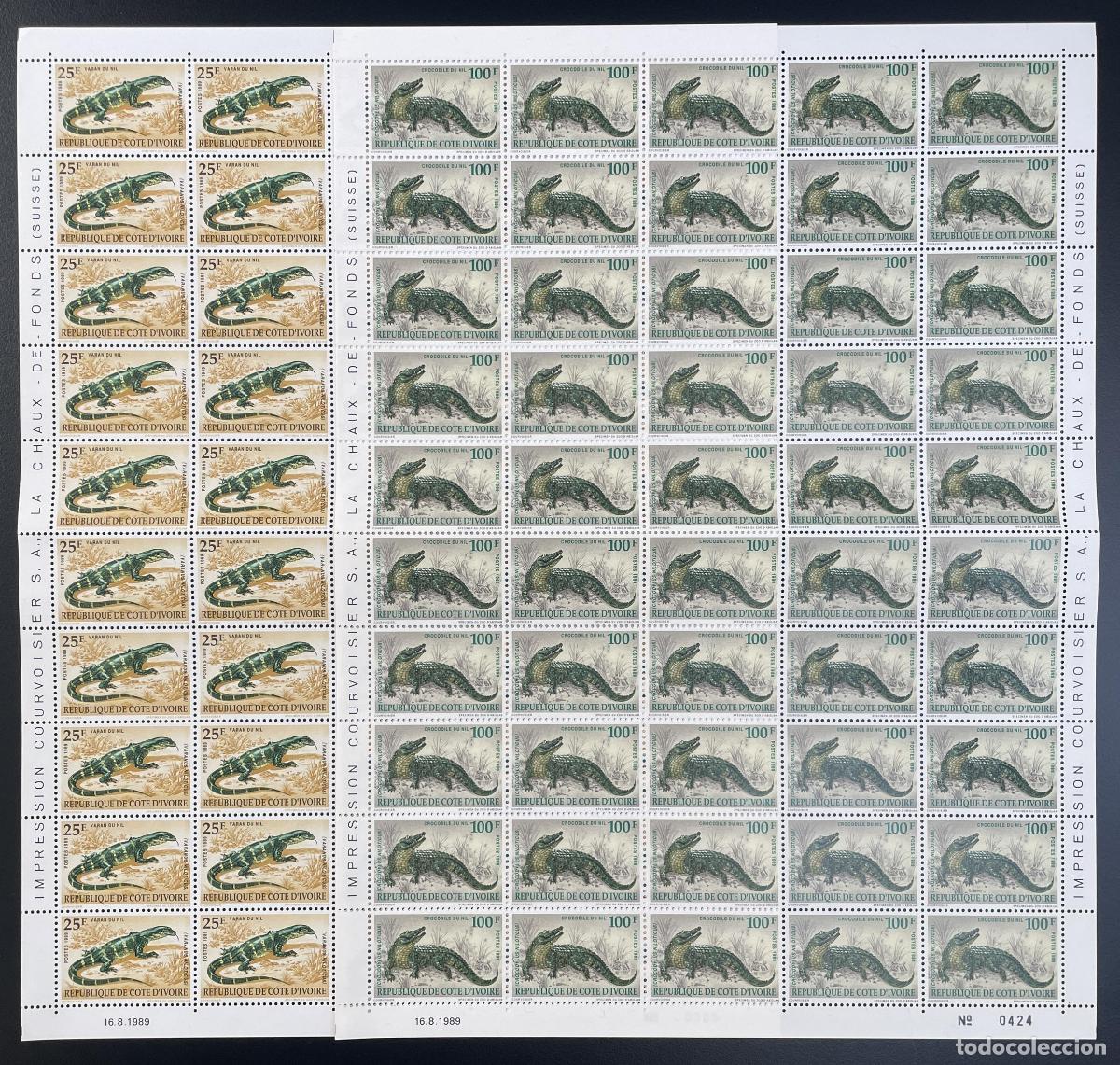 Sellos: Costa de Marfil 1989 YT 833-834 tabl&oacute;n monitor lagarto del Nilo (cocodrilo reptiles fauna)