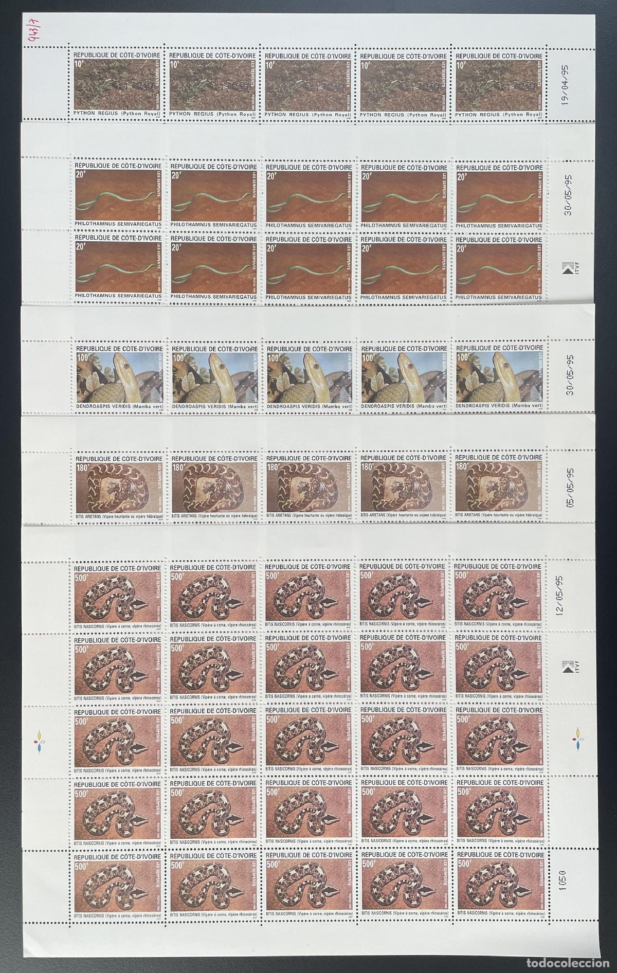 Sellos: Costa de Marfil 1995 YT 943-947 tabl&oacute;n serpientes pit&oacute;n mamba v&iacute;bora