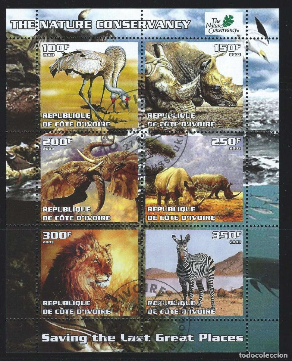 Sellos: IVORY COAST 2003 SHEET USED MNH FAUNA CONSERVACION DE LA NATURALEZA AVES CEBRAS ELEFANTES WILDLIFE