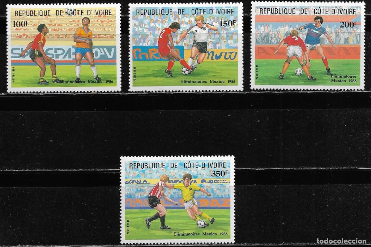 Sellos: COSTA DE MARFIL 1986, SERIE Ivert 721/24 - CAMPEONATO MUNDIAL DE F&Uacute;TBOL M&Eacute;XICO 86. MNH.