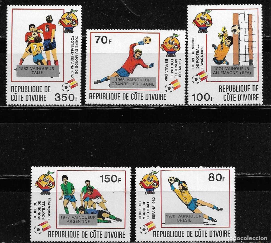 Sellos: COSTA DE MARFIL 1982, SERIE Ivert 632/36 - CAMPEONATO MUNDIAL DE F&Uacute;TBOL ESPA&Ntilde;A 82. MNH.