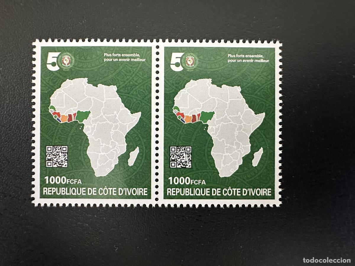 Sellos: Costa de Marfil 2026 par CEDEAO 50 a&ntilde;os mapa &Aacute;frica banderas aniversario