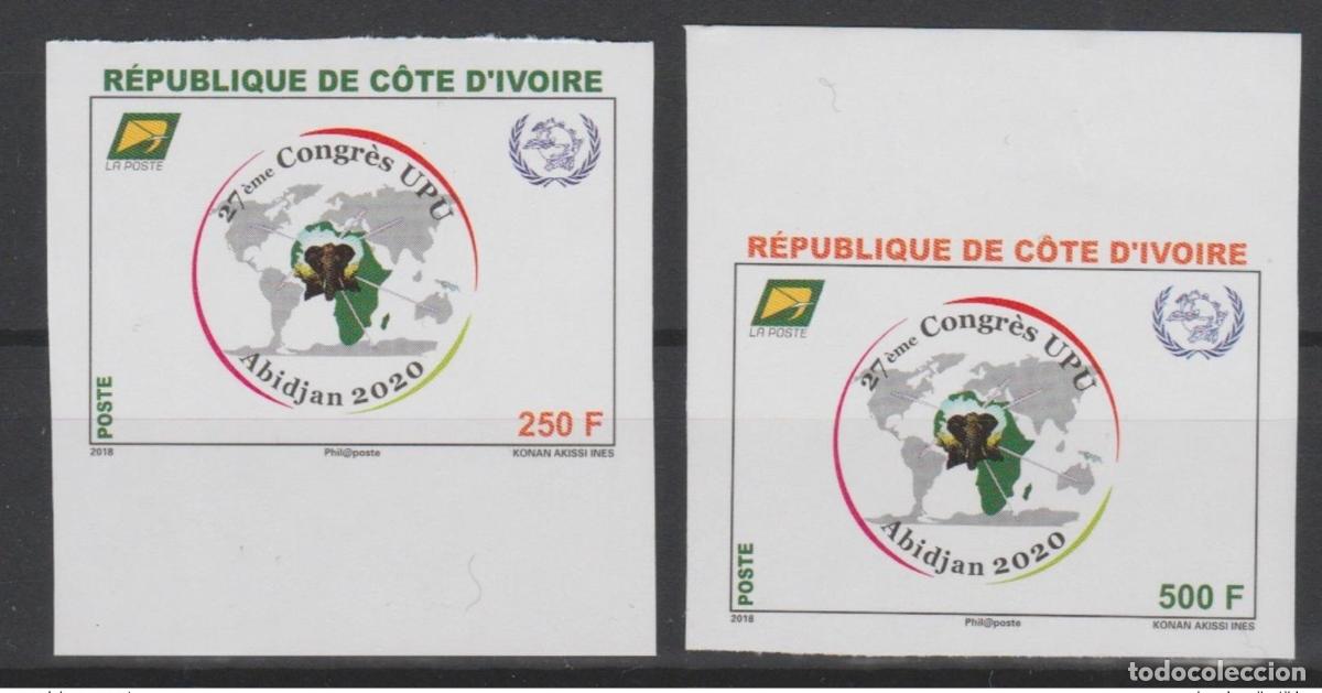 Francobolli: Costa de Marfil 2018 IMPERF ND 27&ordm; Congreso la UPU Map Elephant 2 val.