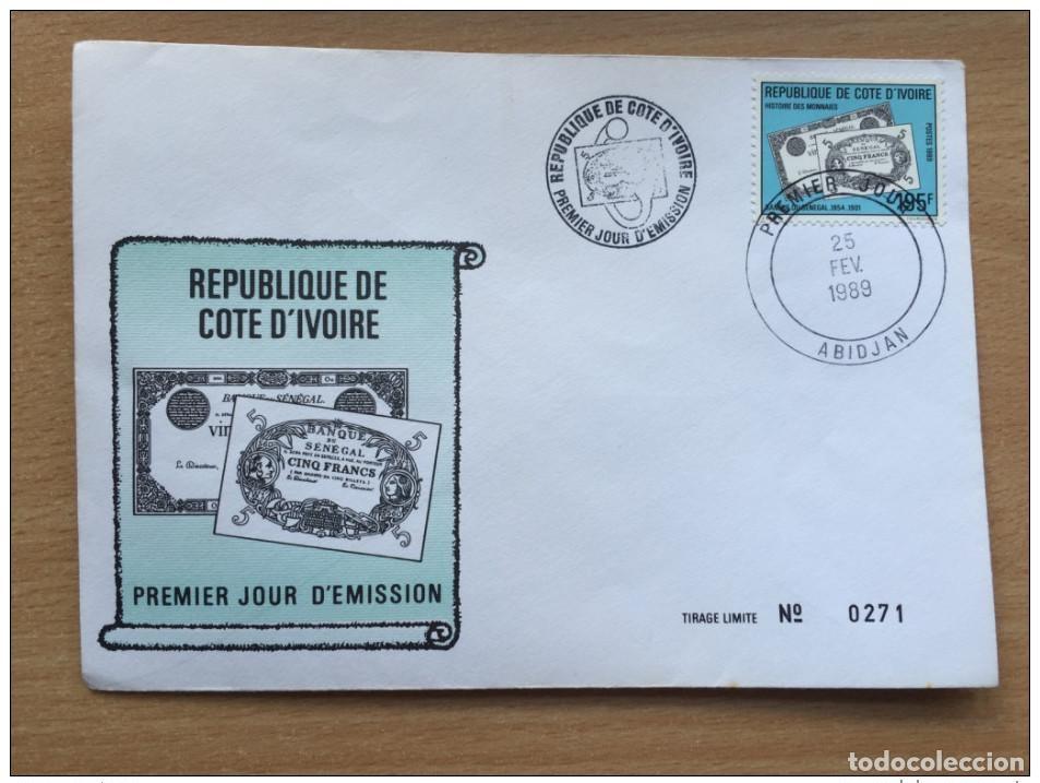 Stamps: Costa de Marfil 1989 FDC Historia las monedas del dinero Mi. 988