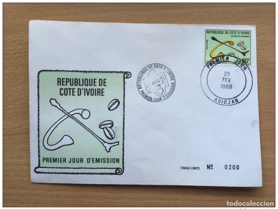 Stamps: Costa de Marfil 1989 FDC Historia las monedas del dinero Mi. 987