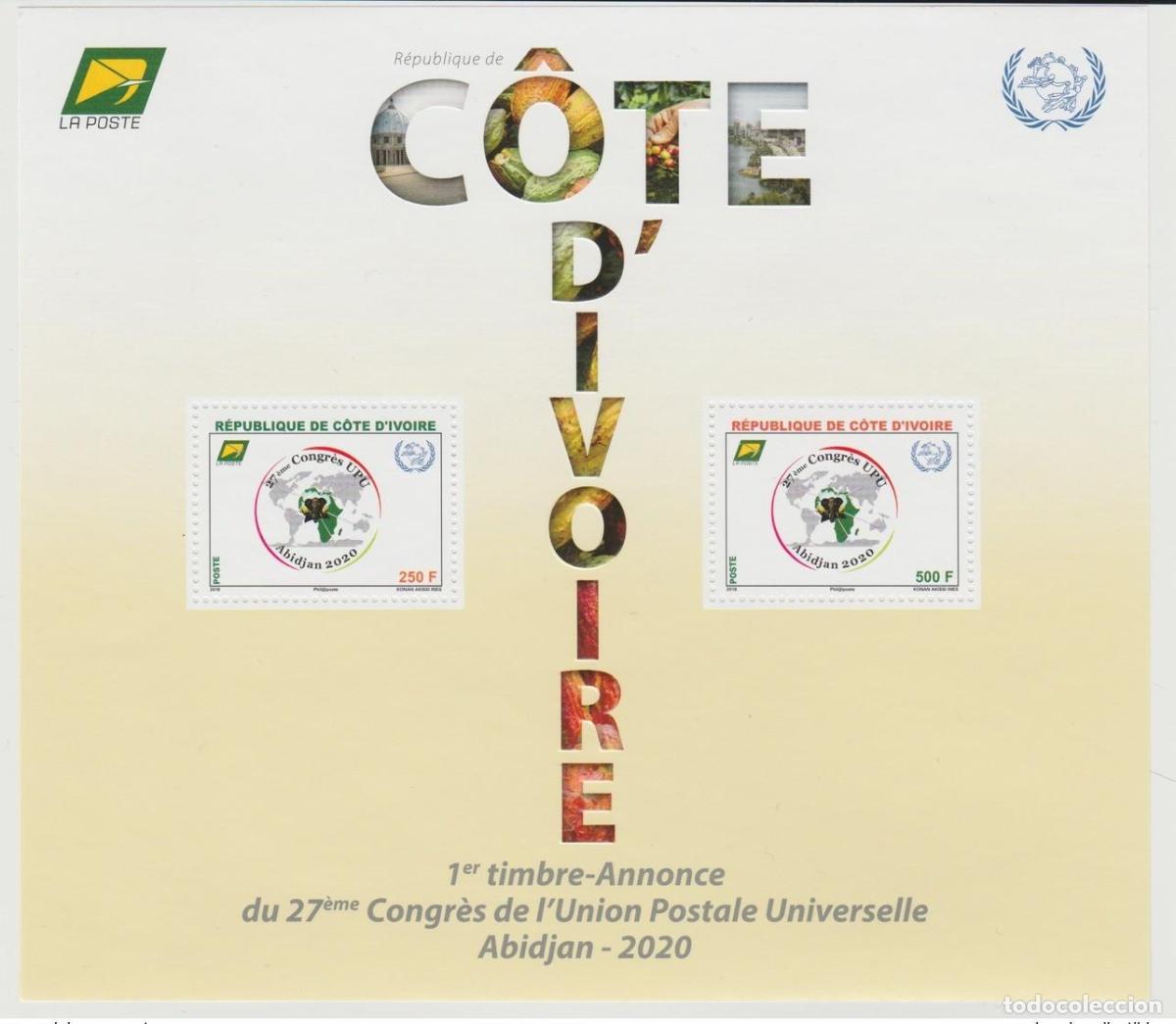 Sellos: Costa de Marfil 2018 Bloque S/S 27&ordm; Congreso la UPU Mapa y fauna elefantes Abiy&aacute;n