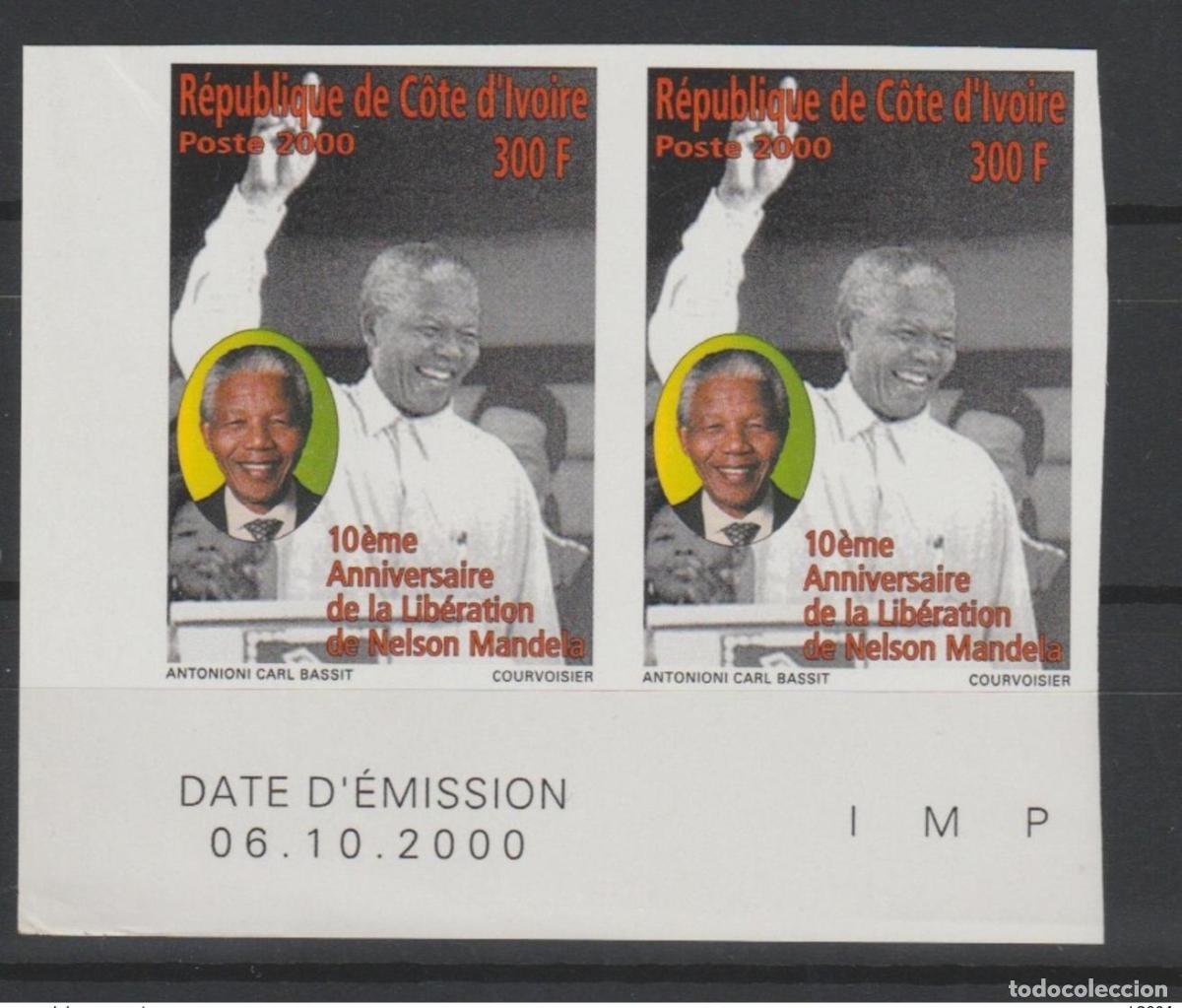 Sellos: Moneda de Costa Marfil 2000 IMPERF ND Nelson Mandela Madiba con fecha y PAR MNH**
