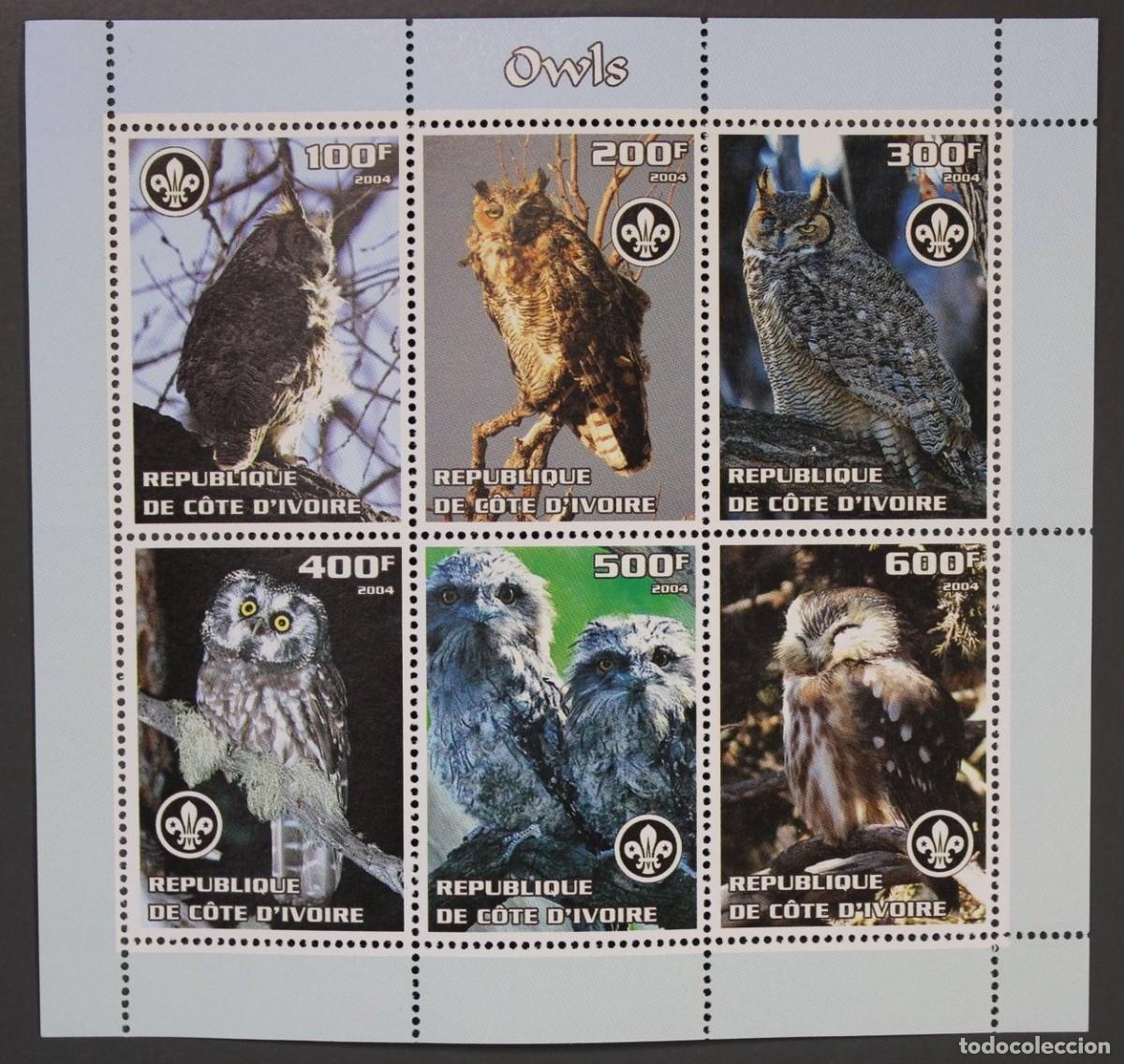 Sellos: IVORY COAST 2004 SHEET MNH SCOUT LOGO FAUNA OWLS HIBOUX CHOUETTES BUHOS LECHUZAS EULEN BIRDS AVES