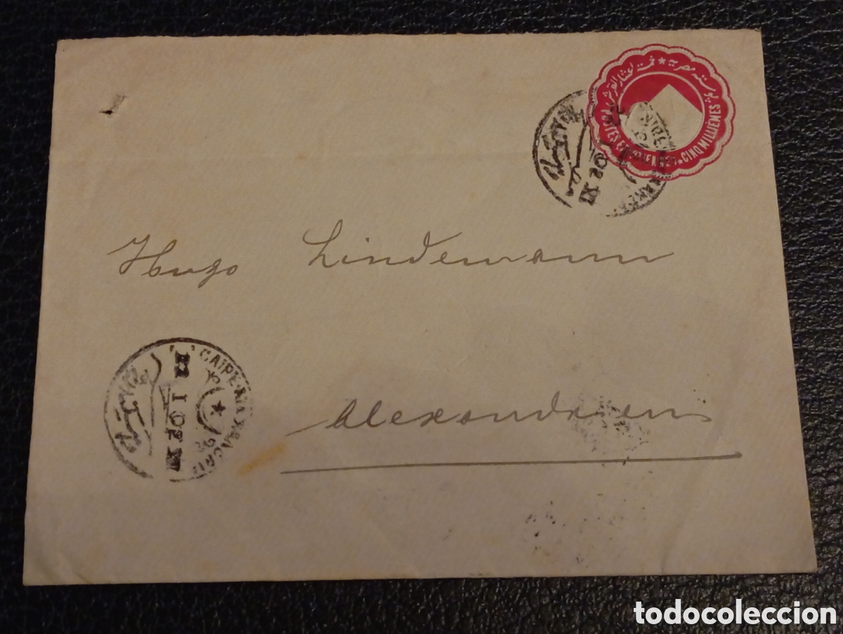 Sellos: Sobre Entero Postal Egipto c. 1890 - Sello Esfinge 5 Mil&eacute;simas - Matasellos El Cairo