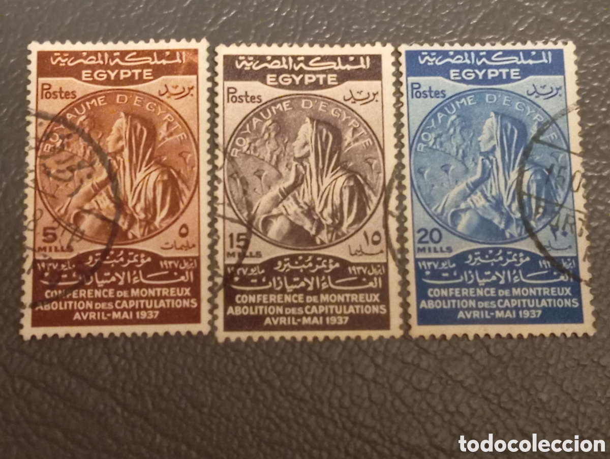Sellos: Egipto 217-219, usado. Michel 234-236. Medalla para la Conferencia de Montereux.