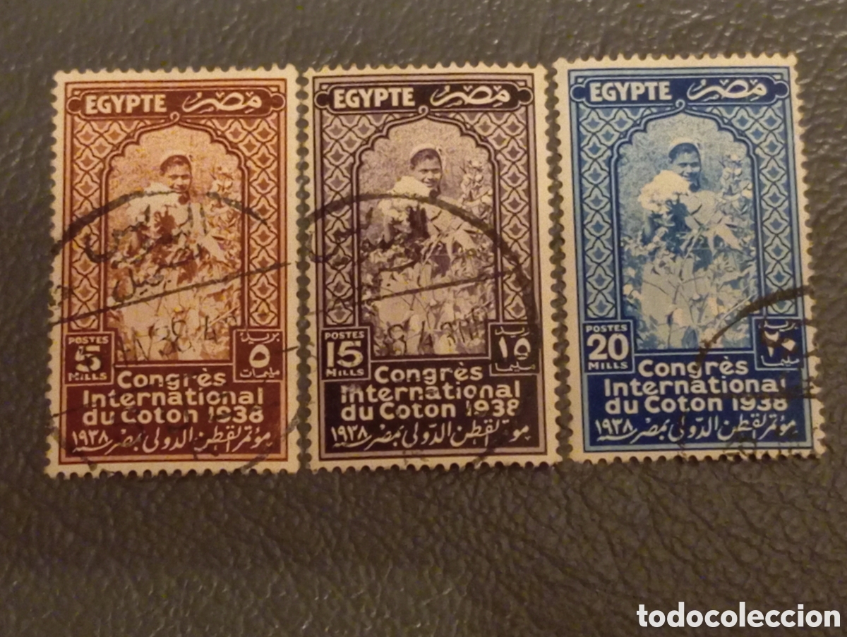 Sellos: Egipto 1938 Congreso Internacional del Algod&oacute;n Cairo Scott #225-227