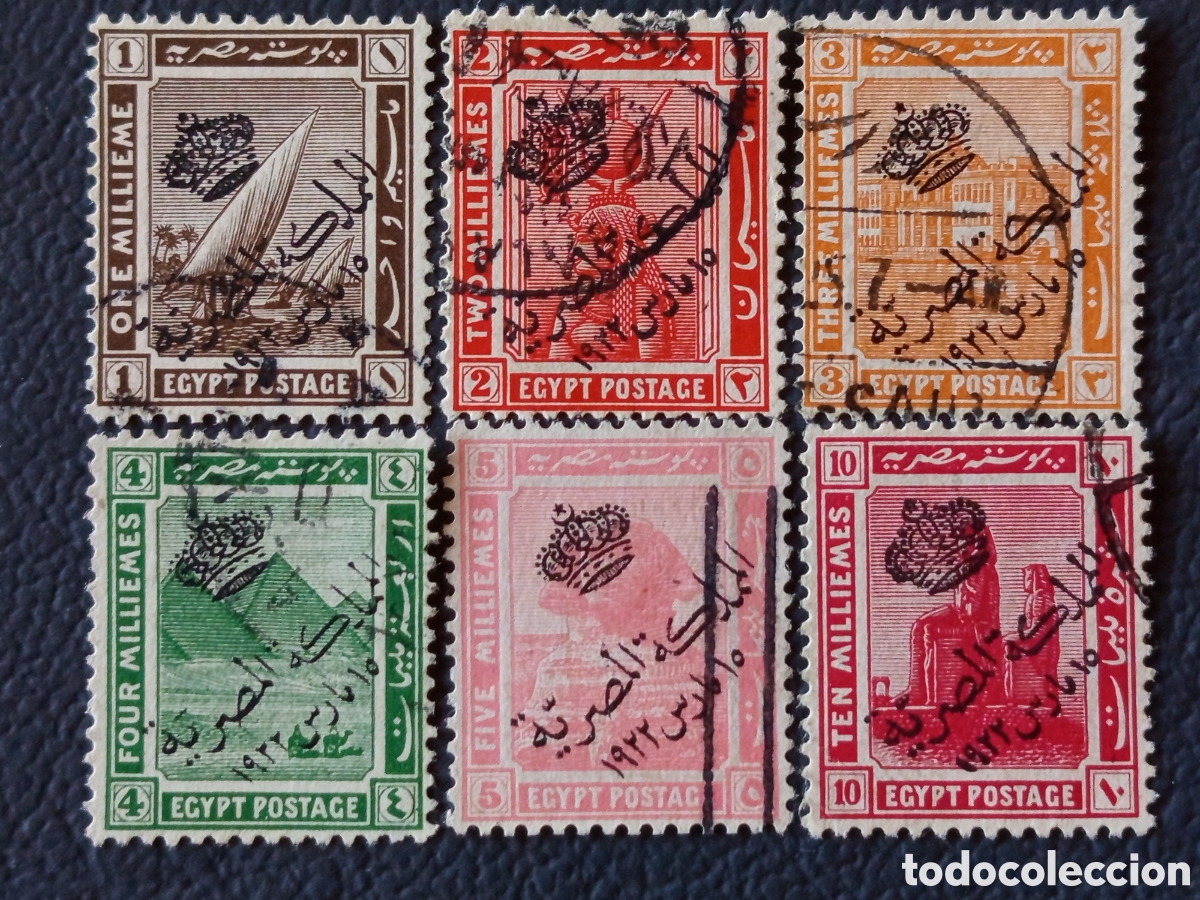 Sellos: Egipto 1922 - Sobrecarga Corona &rdquo;Reino de Egipto&rdquo; - 6 valores 1/10m - Michel 69/74 - Usado