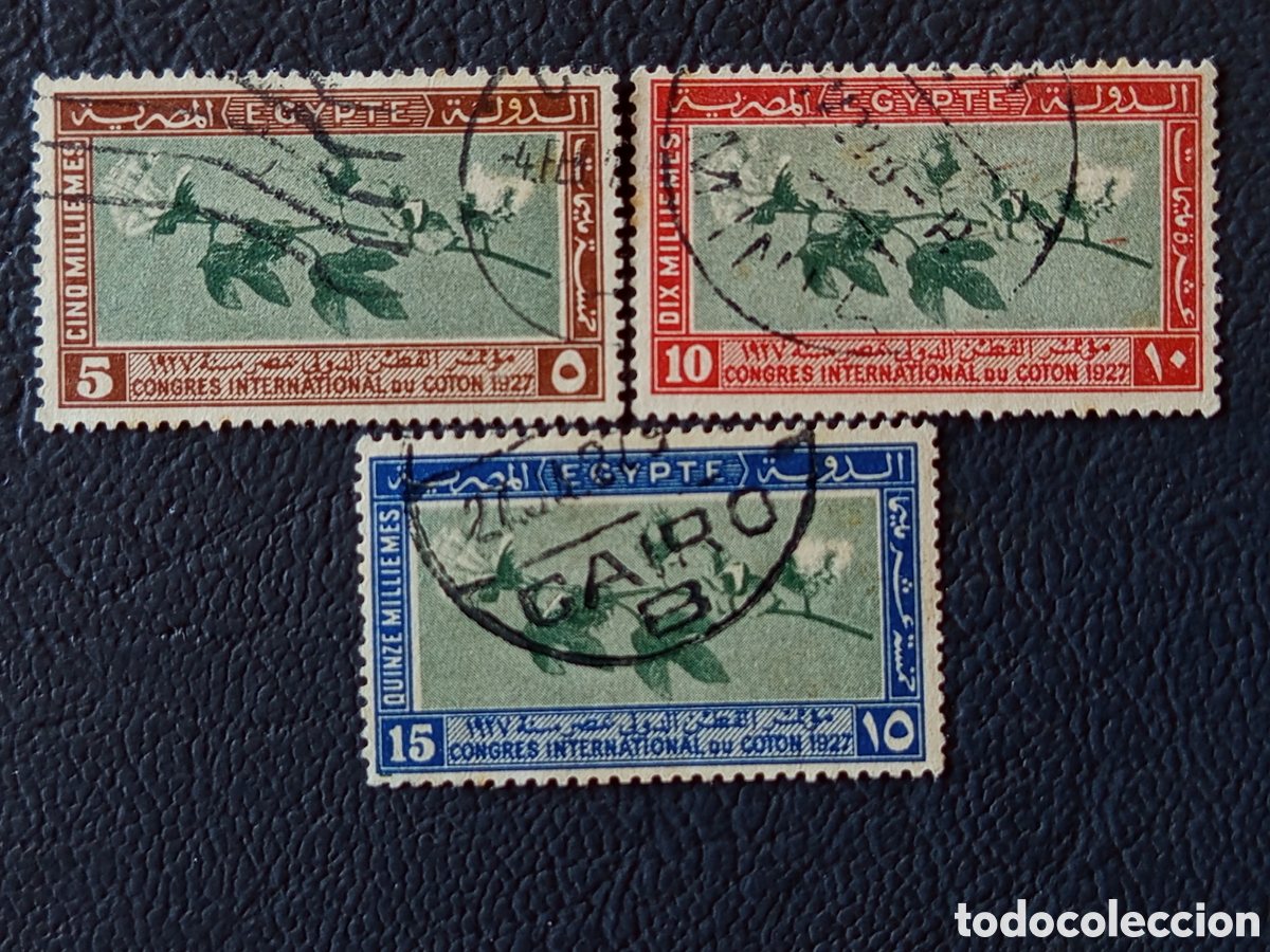 Francobolli: Egipto 1927 - Congreso Internacional del Algod&oacute;n - 5/10/15m - Scott 125/127 - Usado