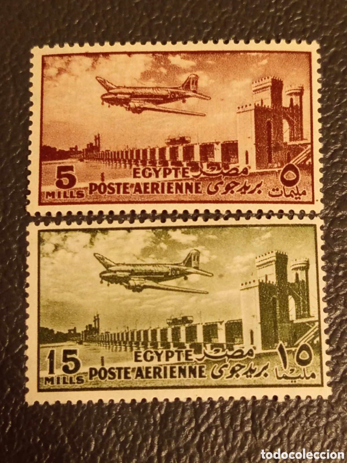 Selos: Egipto 1947 - A&eacute;reo Avi&oacute;n sobre Ciudadela de El Cairo 5m y 15m - Scott C40/C41 - MH