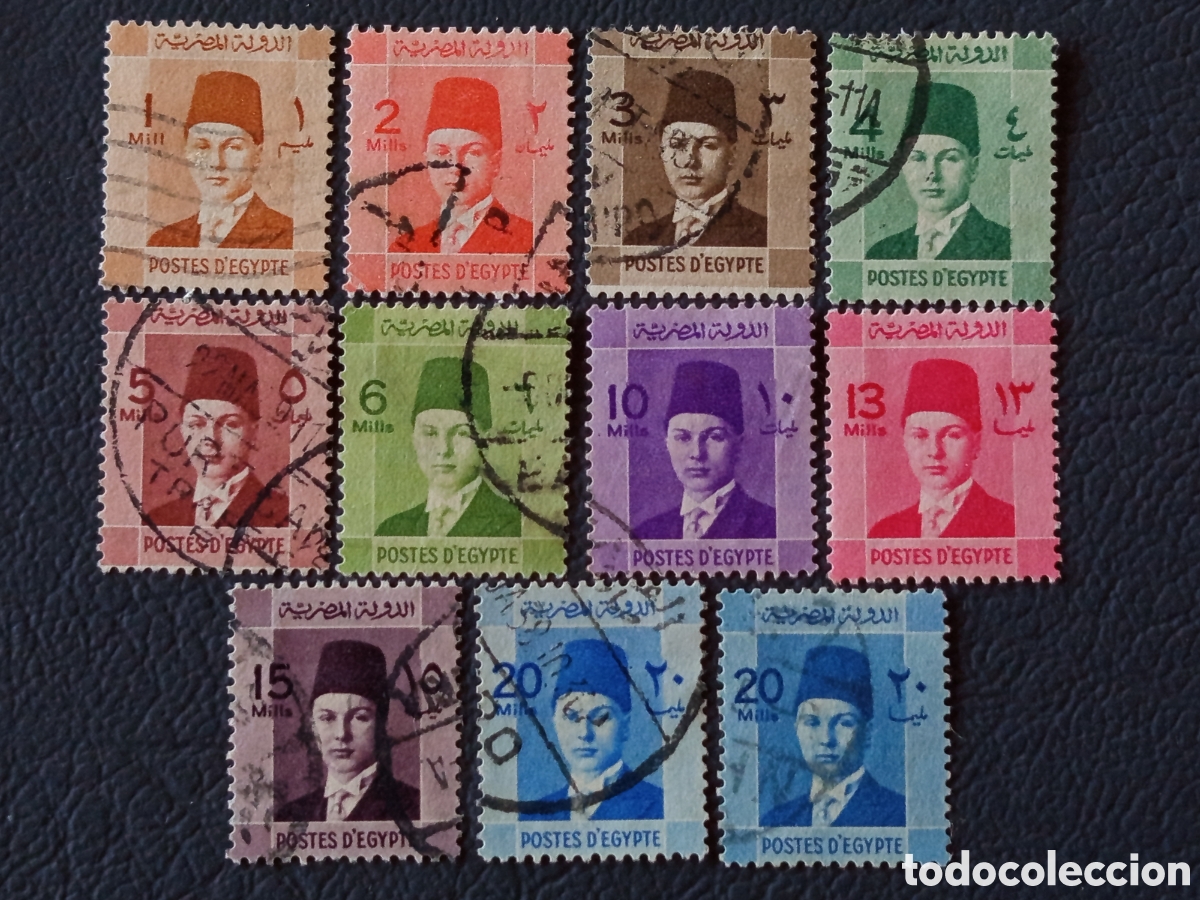 Sellos: Egipto 1937-44 - Rey Farouk Joven &rdquo;Postes dEgypte&rdquo; - 11 valores 1m/20m - Michel 206/220 - Usado