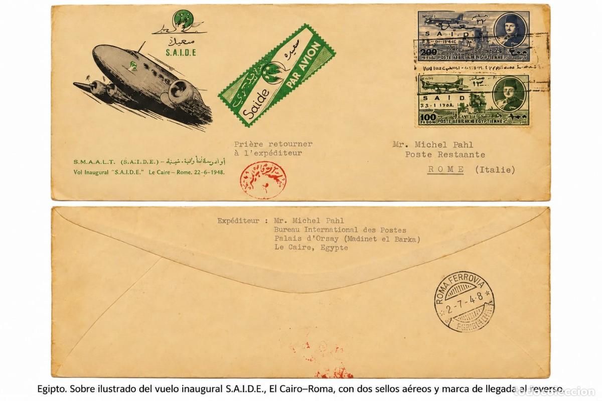 Sellos: O) 1948 EGYPT, SAIDE AIRMAIL, INAUGURAL FLIGHT, ROMA FERROVIA, KING FAROUK, DELTA DAMAND DC-3 PLAN