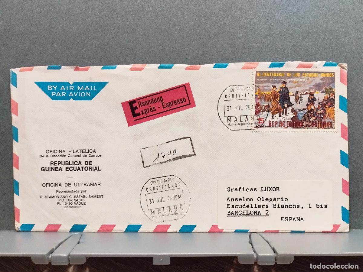 Sellos: GUINEA ECUATORIAL. CARTA CERTIFICADA CIRCULADA MALABO-BARCELONA. BICENT. EEUU.
