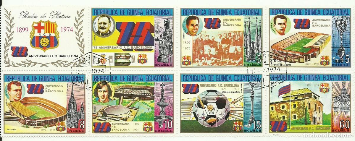 Sellos: GUINEA ECUATORIAL - 8 SELOS - 75&ordm; ANIVERSARIO F. C. BARCELONA - 1899-1974 - FOTOS