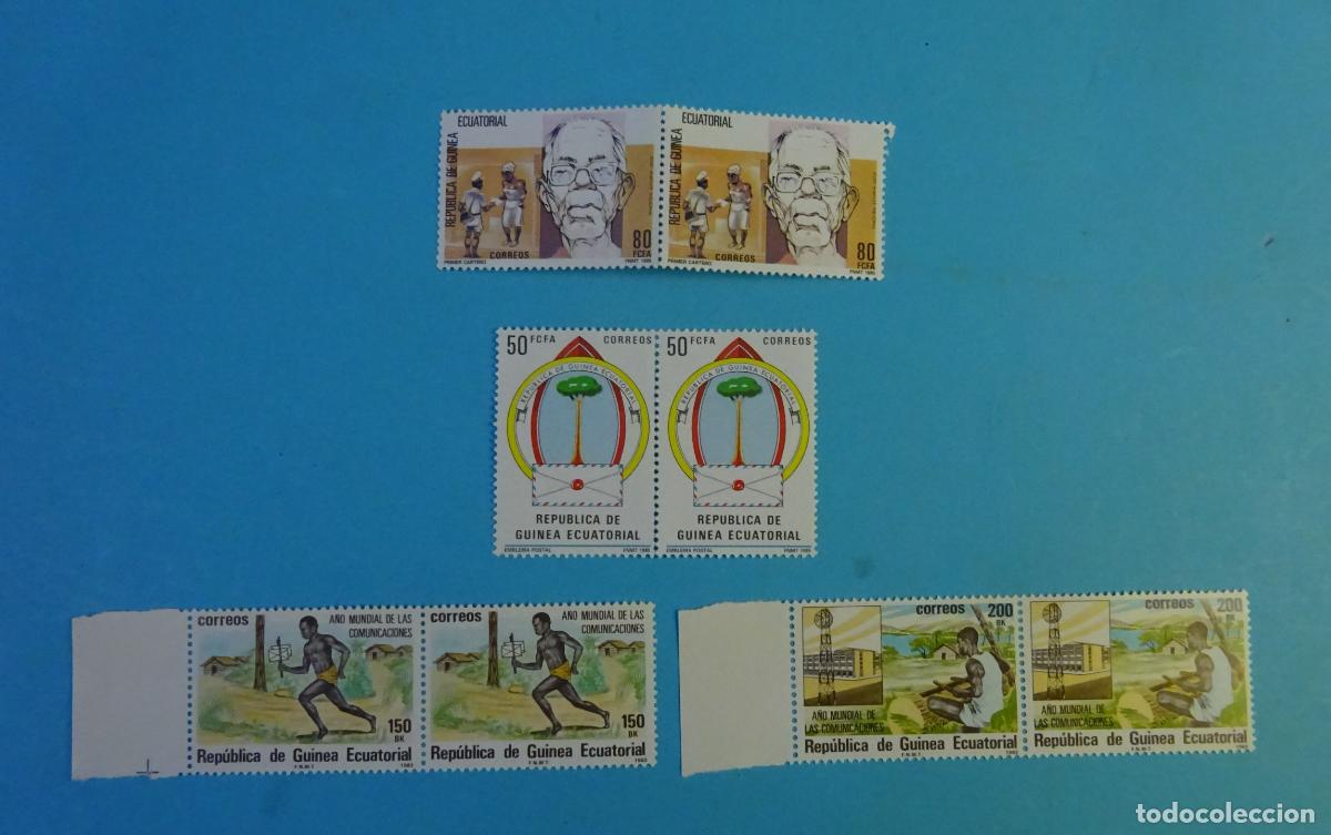 Sellos: GUINEA ECUATORIAL. SELLOS COMUNICACIONES / PRIMER CARTERO 1983 / 1985. EN BLOQUE DE DOS