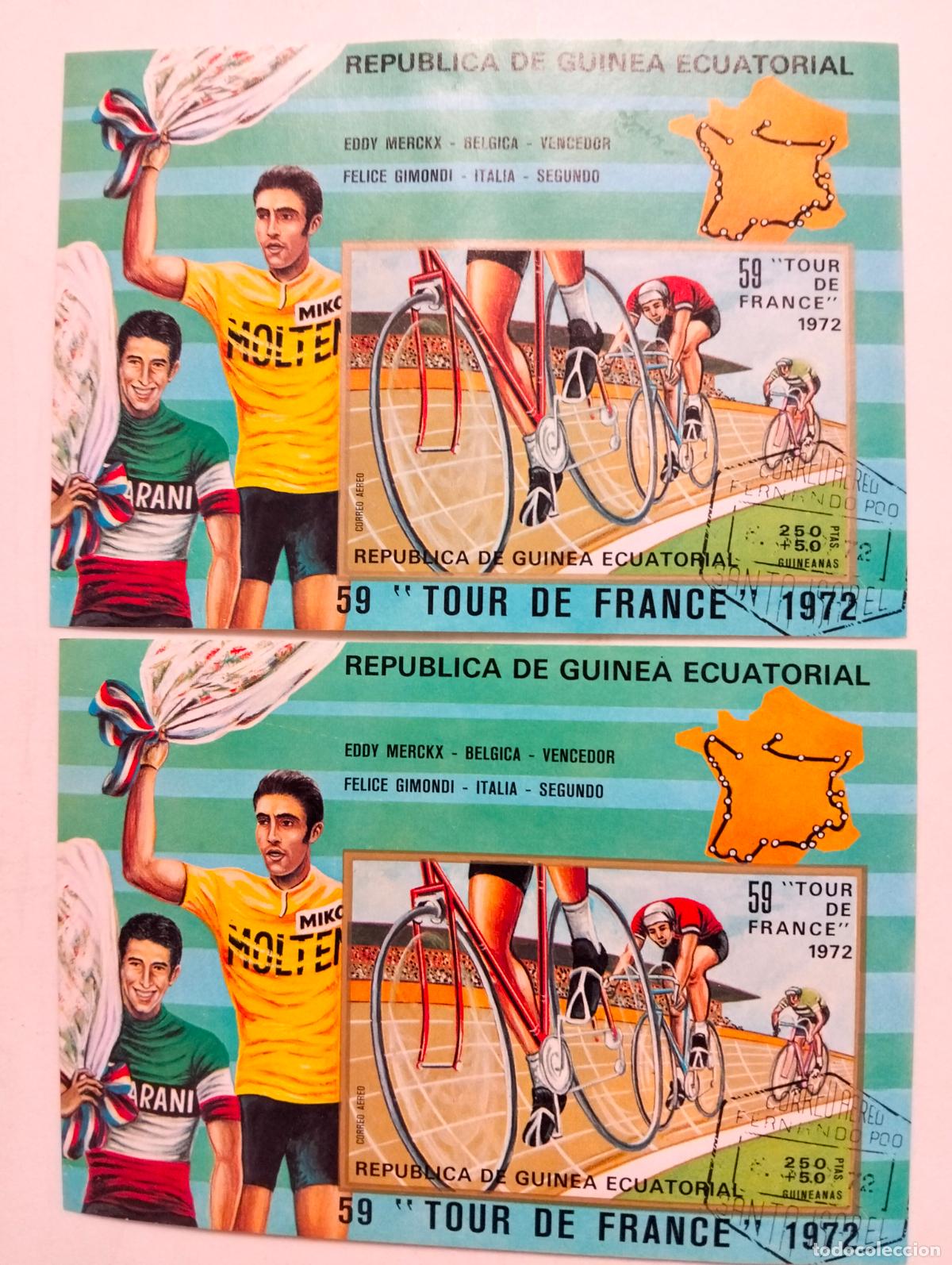 Sellos: 2 HOJAS BLOQUE, REP. DE GUINEA ECUATORIAL, TOUR DE FRANCIA 1972, EDDY MERCKX