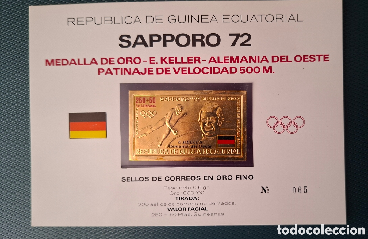 Sellos: Guinea Ecuatorial Sello en oro fino sin dentar 24k 0.6g Sapporo 72 medalla alemania patinaje
