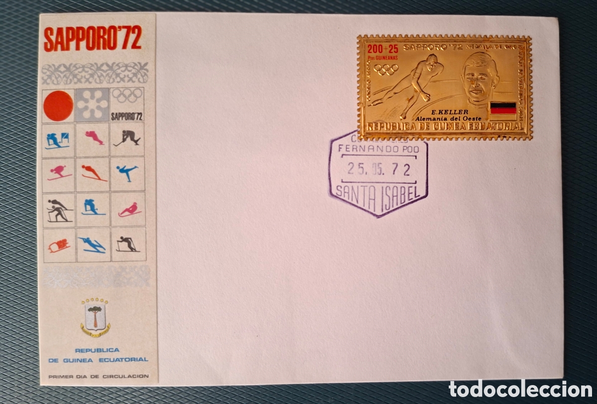 Sellos: Guinea Ecuatorial Sello en oro 24k Sapporo 72 Primer Dia Fernando poo Santa Isabel 1972 Raro